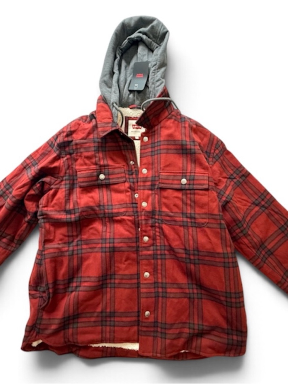 Levi's Red Plaid Hooded Puffer Jacket